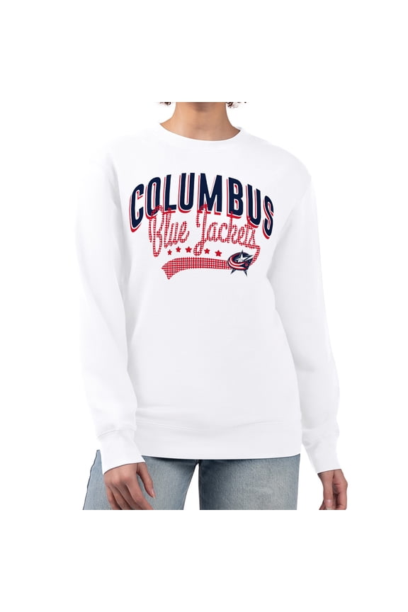 Women's G-III 4Her by Carl Banks White Columbus Blue Jackets Filigree Team Graphic Fleece Pullover Sweatshirt