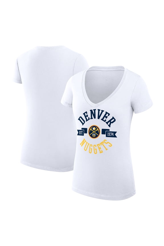 Women's G-III 4Her by Carl Banks White Denver Nuggets Super-Slim Fit Lightweight Large City Logo V-Neck T-Shirt