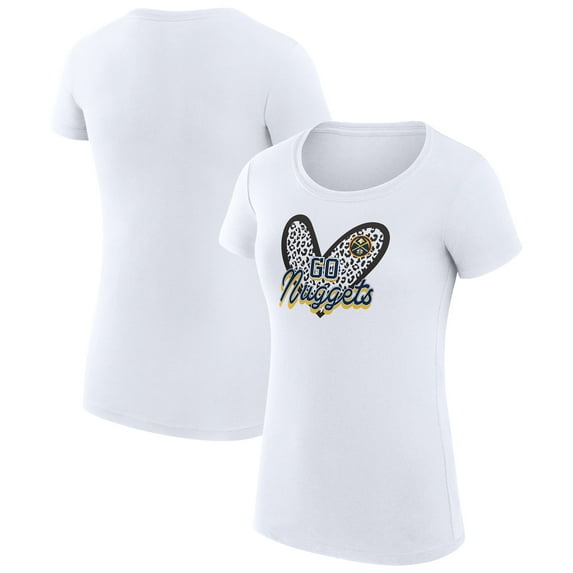 Women's G-III 4Her by Carl Banks White Denver Nuggets Super-Slim Fit Lightweight Leopard Heart T-Shirt