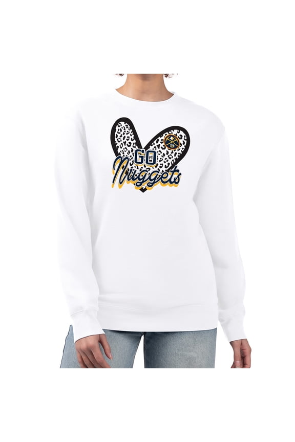Women's G-III 4Her by Carl Banks White Denver Nuggets Leopard Heart Fleece Pullover Sweatshirt