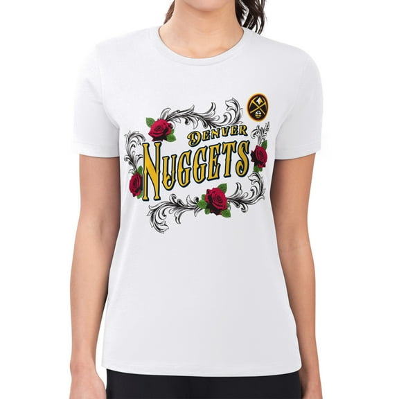 Women's G-III 4Her by Carl Banks White Denver Nuggets Super-Slim Fit Lightweight Roses Crew Neck T-Shirt