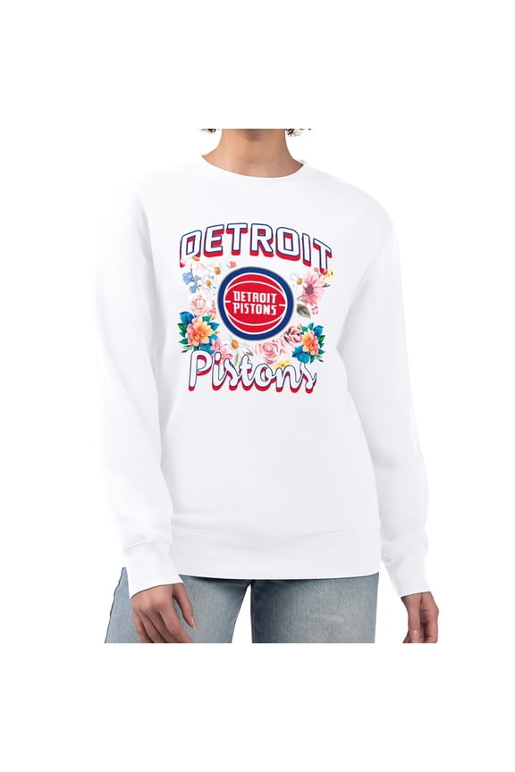 Women's G-III 4Her by Carl Banks White Detroit Pistons Flowers Team Logo Graphic Fleece Crewneck Pullover Sweatshirt