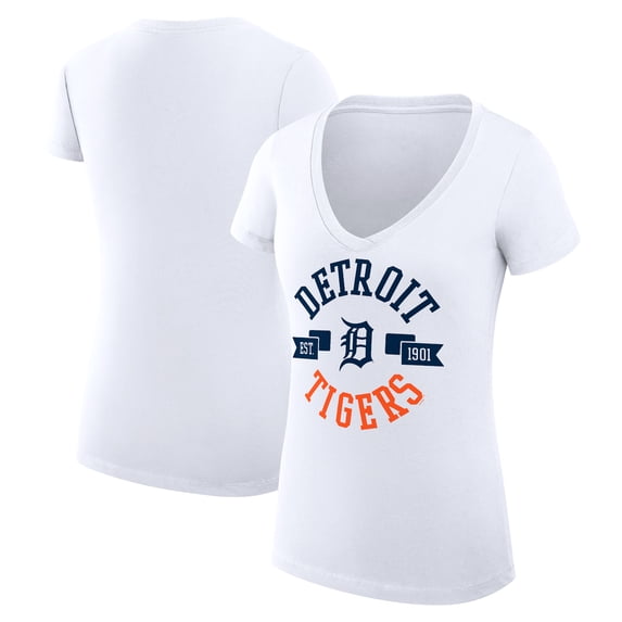 Women's G-III 4Her by Carl Banks White Detroit Tigers Super-Slim Fit Lightweight City Graphic V-Neck T-Shirt