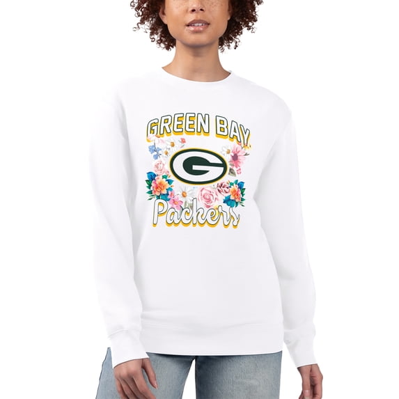 Women's G-III 4Her by Carl Banks White Green Bay Packers Flower Logo Graphic Fleece Pullover Sweatshirt