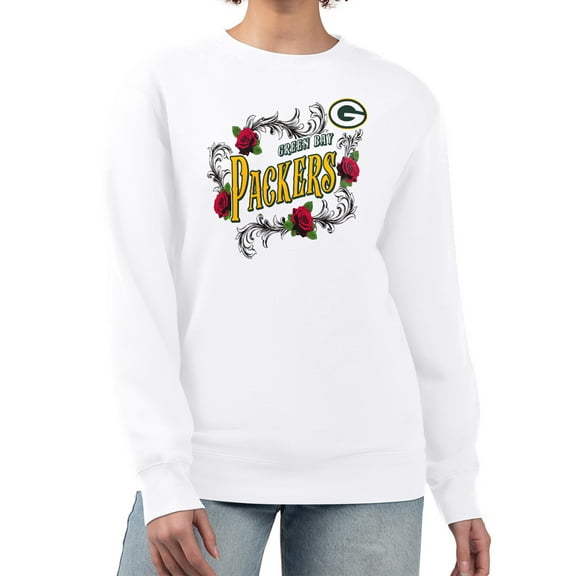 Women's G-III 4Her by Carl Banks White Green Bay Packers Roses Fleece Tri-Blend Pullover Sweatshirt