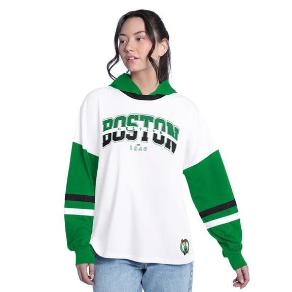 Women's G-III 4Her by Carl Banks White/Green Boston Celtics Key Player Oversized Hooded Long Sleeve T-Shirt