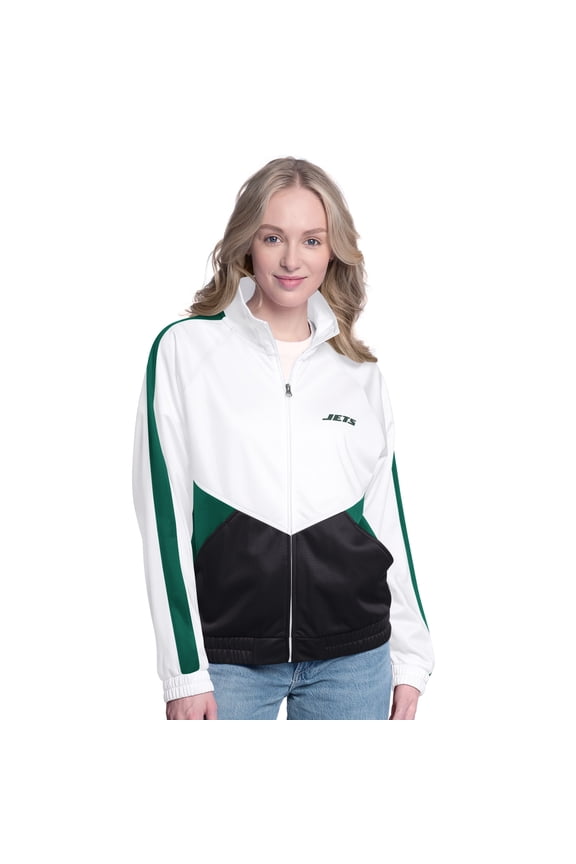 Women's G-III 4Her by Carl Banks White/Green New York Jets Rally Rhinestone Full-Zip Track Jacket