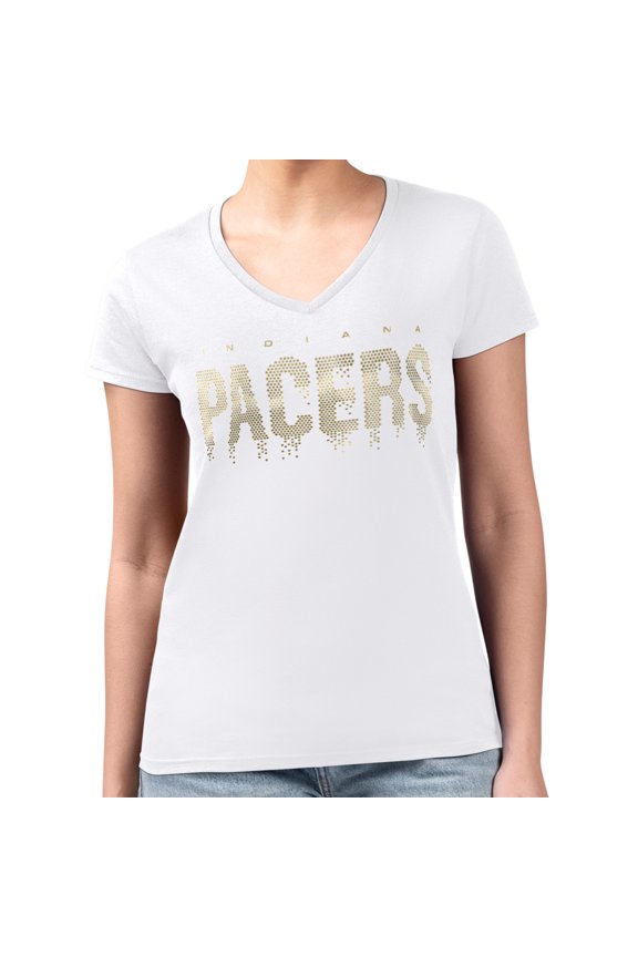 Women's G-III 4Her by Carl Banks White Indiana Pacers Super-Slim-Fit Metallic Drop Lightweight V-Neck T-Shirt