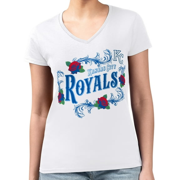 Women's G-III 4Her by Carl Banks White Kansas City Royals Super-Slim Fit Lightweight Retro Roses V-Neck T-Shirt