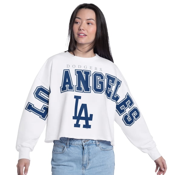 Women's G-III 4Her by Carl Banks White Los Angeles Dodgers Bleachers Cropped Pullover Sweatshirt