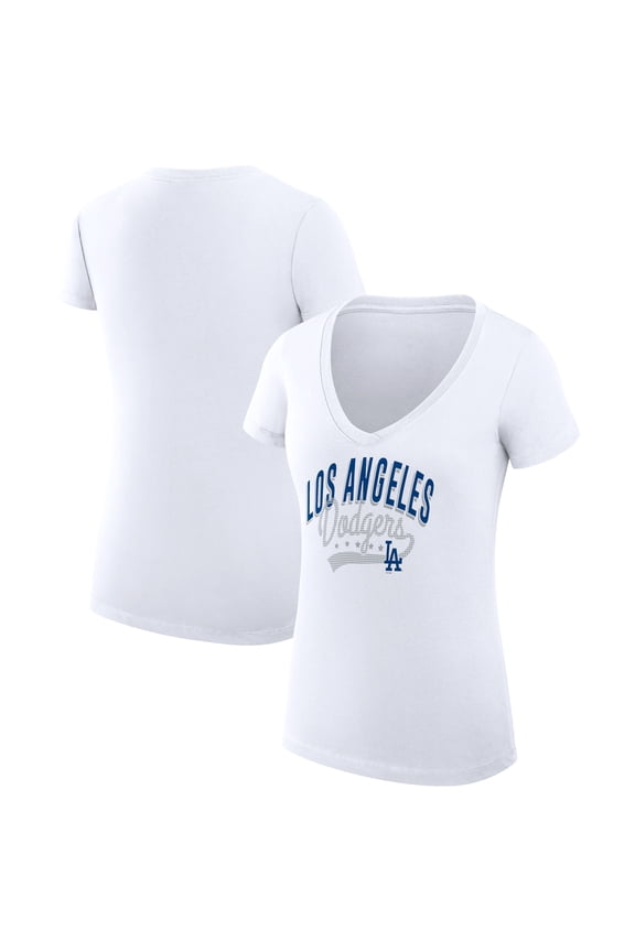 Women's G-III 4Her by Carl Banks White Los Angeles Dodgers Super-Slim Fit Lightweight Filigree Team V-Neck T-Shirt