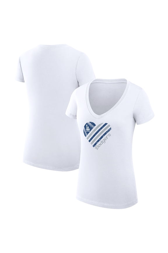 Women's G-III 4Her by Carl Banks  White Los Angeles Dodgers Super-Slim Fit Lightweight Heart V-Neck T-Shirt