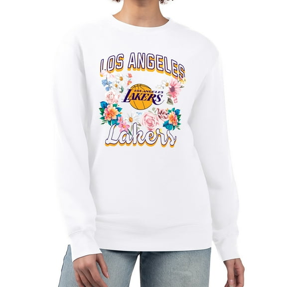 Women's G-III 4Her by Carl Banks White Los Angeles Lakers Flowers Team Logo Graphic Fleece Crewneck Pullover Sweatshirt