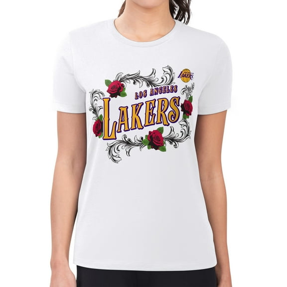 Women's G-III 4Her by Carl Banks White Los Angeles Lakers Super-Slim Fit Lightweight Roses Crew Neck T-Shirt