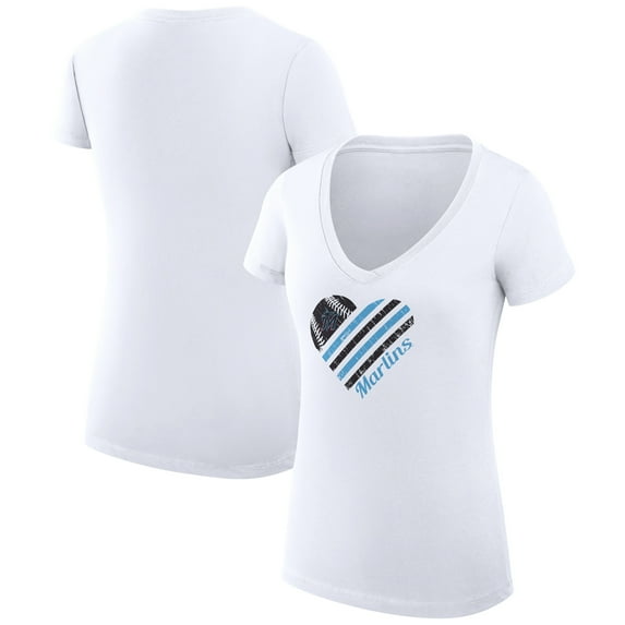 Women's G-III 4Her by Carl Banks White Miami Marlins Super-Slim Fit Lightweight Heart V-Neck T-Shirt