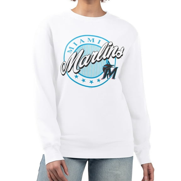 Women's G-III 4Her by Carl Banks White Miami Marlins Pinstripe Circle Team Fleece Pullover Sweatshirt