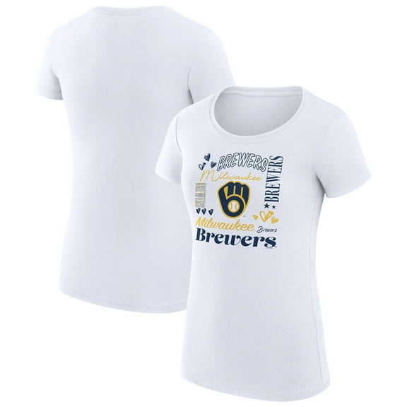 Women's G-III 4Her by Carl Banks White Milwaukee Brewers Super-Slim Fit Lightweight Collage Team Graphic Crew Neck