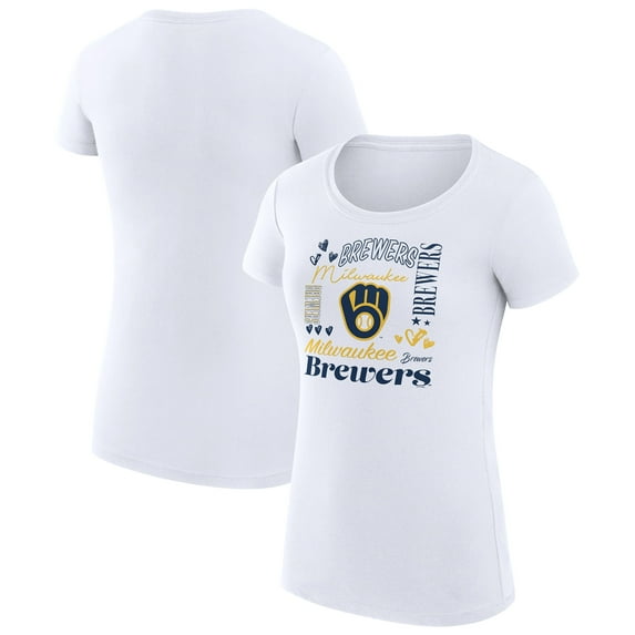 Women's G-III 4Her by Carl Banks White Milwaukee Brewers Super-Slim Fit Lightweight Collage Team Graphic Crew Neck
