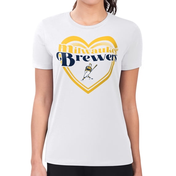 Women's G-III 4Her by Carl Banks White Milwaukee Brewers Super-Slim Fit Lightweight Double Heart T-Shirt