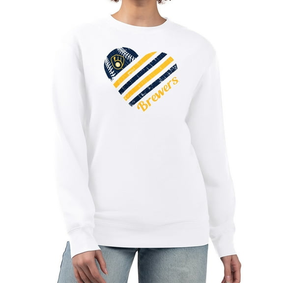 Women's G-III 4Her by Carl Banks White Milwaukee Brewers Heart Logo Fleece Pullover Sweatshirt