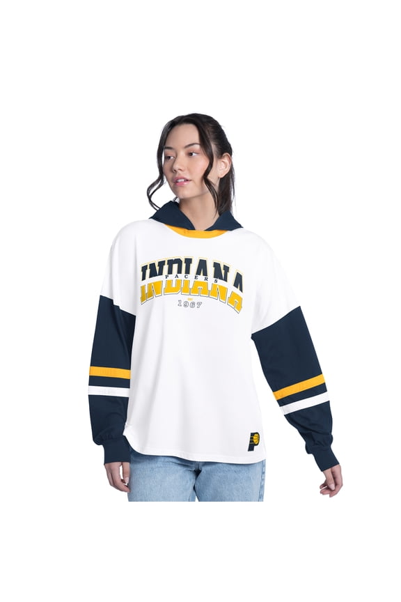 Women's G-III 4Her by Carl Banks White/Navy Indiana Pacers Key Player Oversized Hooded Long Sleeve T-Shirt