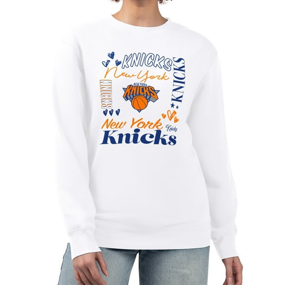 Women's G-III 4Her by Carl Banks White New York Knicks Collage Team Graphic Fleece Pullover Sweatshirt