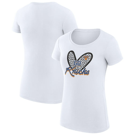 Women's G-III 4Her by Carl Banks White New York Knicks Super-Slim Fit Lightweight Leopard Heart T-Shirt