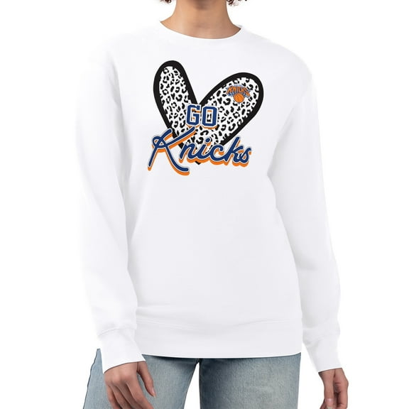 Women's G-III 4Her by Carl Banks  White New York Knicks Leopard Heart Fleece Pullover Sweatshirt