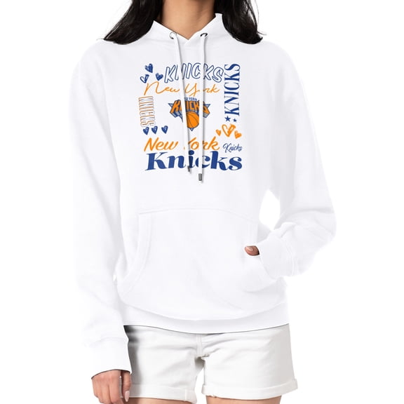 Women's G-III 4Her by Carl Banks White New York Knicks Team Collage Graphic Fleece Pullover Hoodie