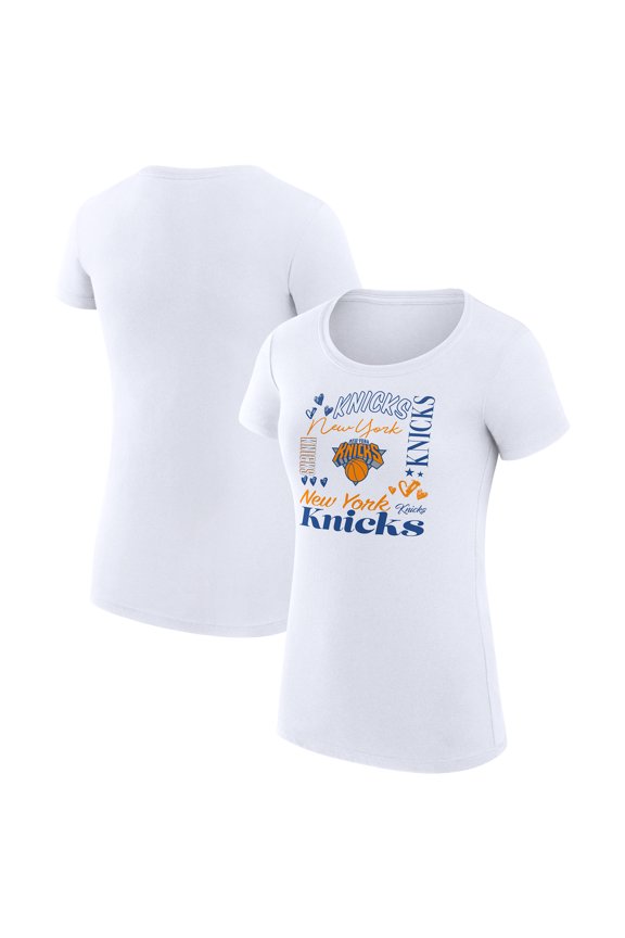 Women's G-III 4Her by Carl Banks White New York Knicks Super-Slim Fit Lightweight Team Name Collage Graphic T-Shirt