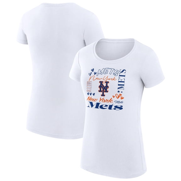 Women's G-III 4Her by Carl Banks White New York Mets Super-Slim Fit Lightweight Collage Team Graphic Crew Neck T-Shirt
