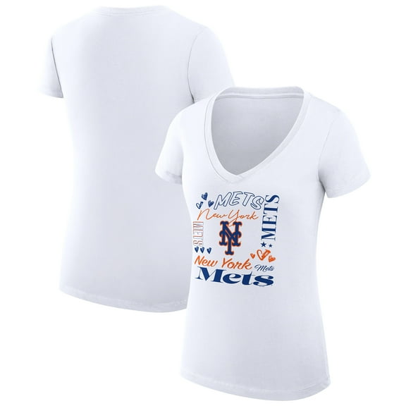 Women's G-III 4Her by Carl Banks White New York Mets Super-Slim Fit Lightweight Collage Team Graphic V-Neck T-Shirt