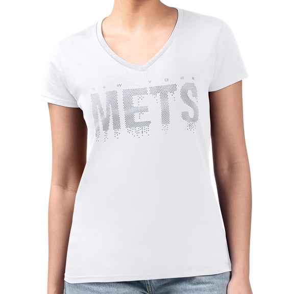Women's G-III 4Her by Carl Banks White New York Mets Metallic Drop Lightweight V-Neck T-Shirt