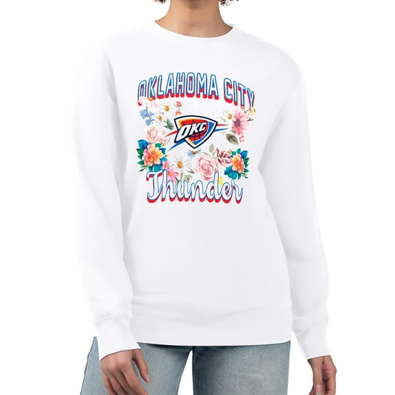 Women's G-III 4Her by Carl Banks White Oklahoma City Thunder Flowers Team Logo Graphic Fleece Crewneck Pullover