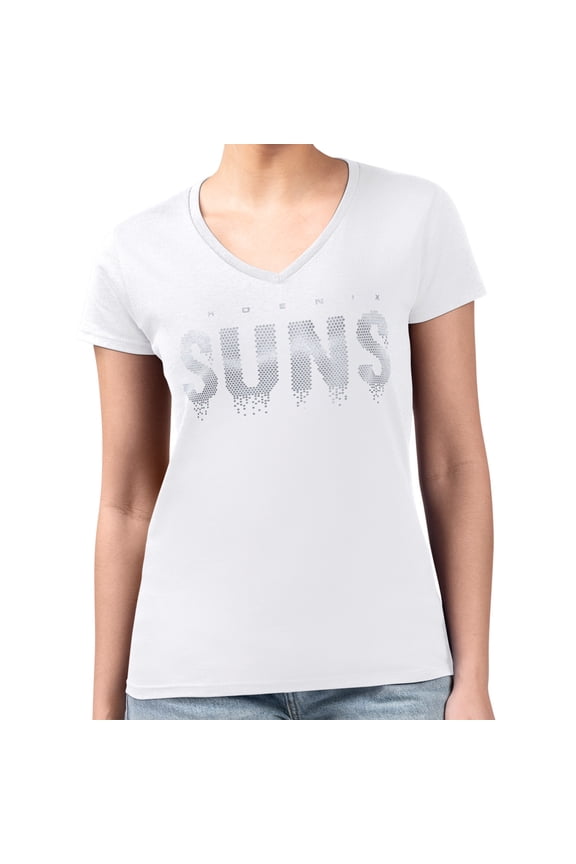 Women's G-III 4Her by Carl Banks White Phoenix Suns Super-Slim-Fit Metallic Drop Lightweight V-Neck T-Shirt