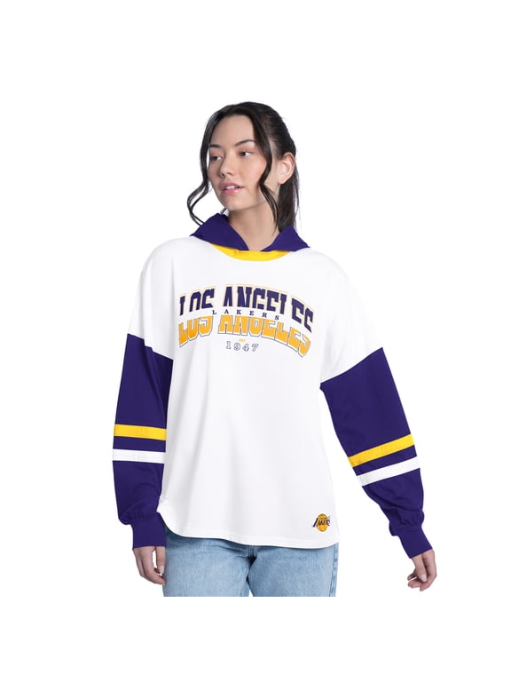 Women's G-III 4Her by Carl Banks White/Purple Los Angeles Lakers Key Player Oversized Hooded Long Sleeve T-Shirt