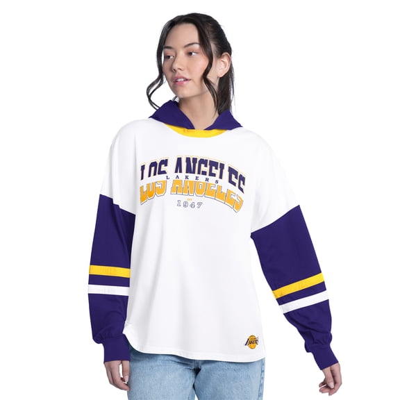 Women's G-III 4Her by Carl Banks White/Purple Los Angeles Lakers Key Player Oversized Hooded Long Sleeve T-Shirt