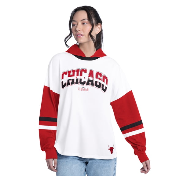 Women's G-III 4Her by Carl Banks White/Red Chicago Bulls Key Player Oversized Hooded Long Sleeve T-Shirt