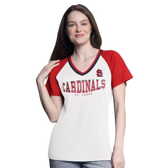 Women's-G-III 4Her by Carl Banks White/Red St. Louis Cardinals Ball Park Raglan V-Neck T-Shirt