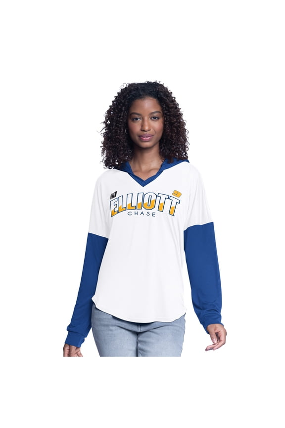 Women's G-III 4Her by Carl Banks White/Royal Chase Elliott Bench Player Oversized Long Sleeve Hoodie V-Neck T-Shirt