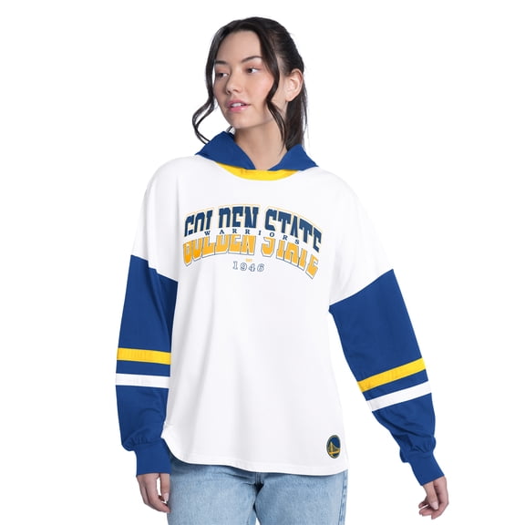 Women's G-III 4Her by Carl Banks White/Royal Golden State Warriors Key Player Oversized Hooded Long Sleeve T-Shirt