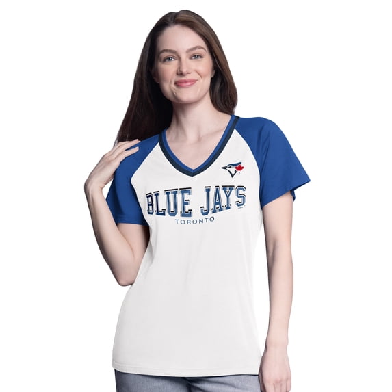 Women's-G-III 4Her by Carl Banks White/Royal Toronto Blue Jays Ball Park Raglan V-Neck T-Shirt