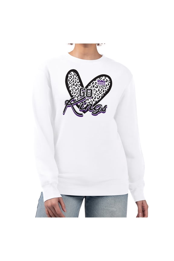 Women's G-III 4Her by Carl Banks  White Sacramento Kings Leopard Heart Fleece Pullover Sweatshirt