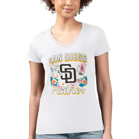 Women's G-III 4Her by Carl Banks White San Diego Padres Super-Slim Fit Lightweight Flowers Graphic V-Neck T-Shirt