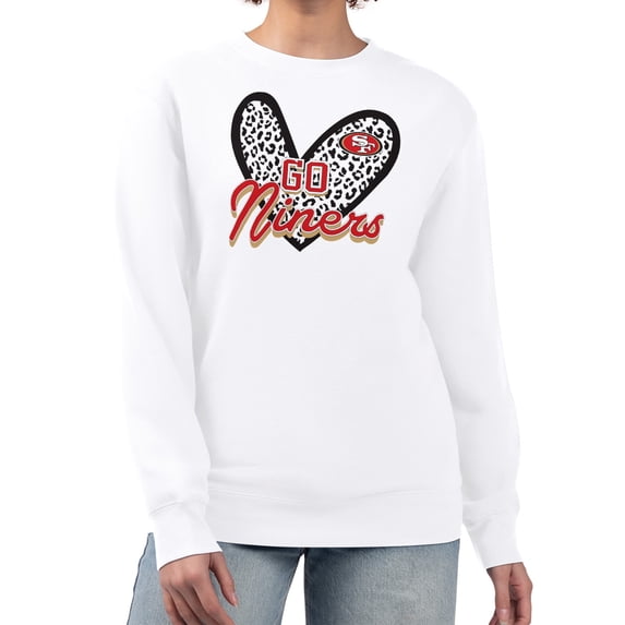 Women's G-III 4Her by Carl Banks White San Francisco 49ers Leopard Heart Pullover Sweatshirt
