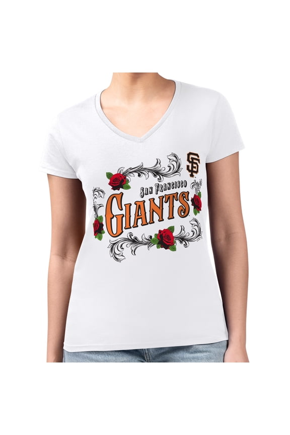 Women's G-III 4Her by Carl Banks White San Francisco Giants Super-Slim Fit Lightweight Retro Roses V-Neck T-Shirt