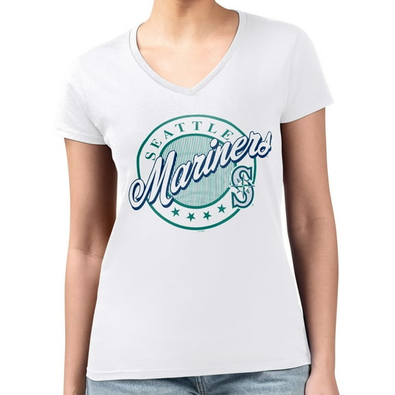 Women's G-III 4Her by Carl Banks  White Seattle Mariners Super-Slim Fit Lightweight Pinstripe Circle V-Neck T-Shirt