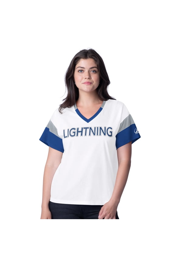 Women's G-III 4Her by Carl Banks  White Tampa Bay Lightning Rink Oversized Rhinestone V-Neck T-Shirt