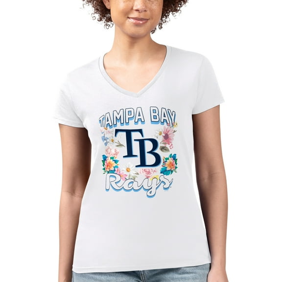 Women's G-III 4Her by Carl Banks White Tampa Bay Rays Super-Slim Fit Lightweight Flowers Graphic V-Neck T-Shirt