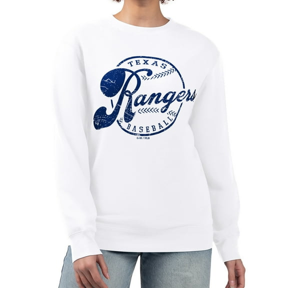 Women's G-III 4Her by Carl Banks White Texas Rangers Distressed Baseball Team Fleece Pullover Sweatshirt